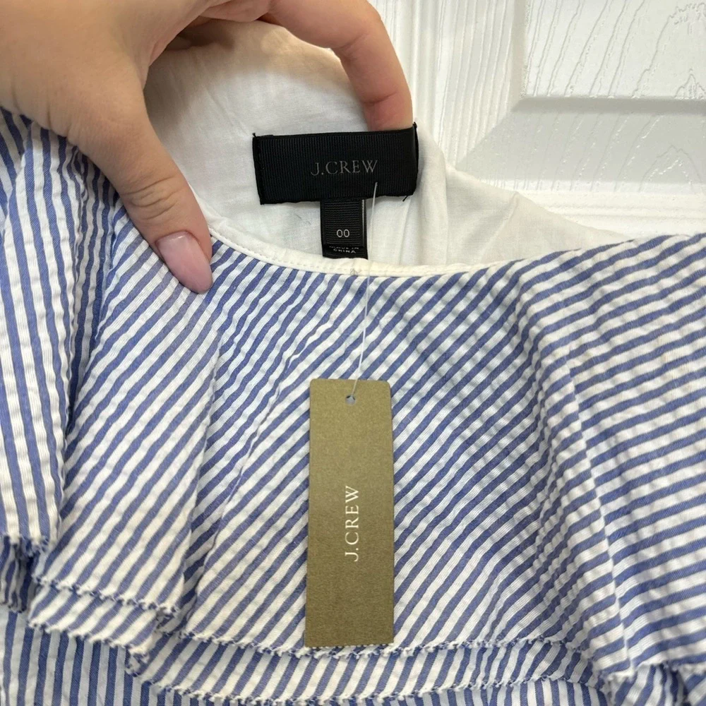 J. Crew Seersucker Striped Blue and White One Shoulder Ruffle Dress NWT Size 00